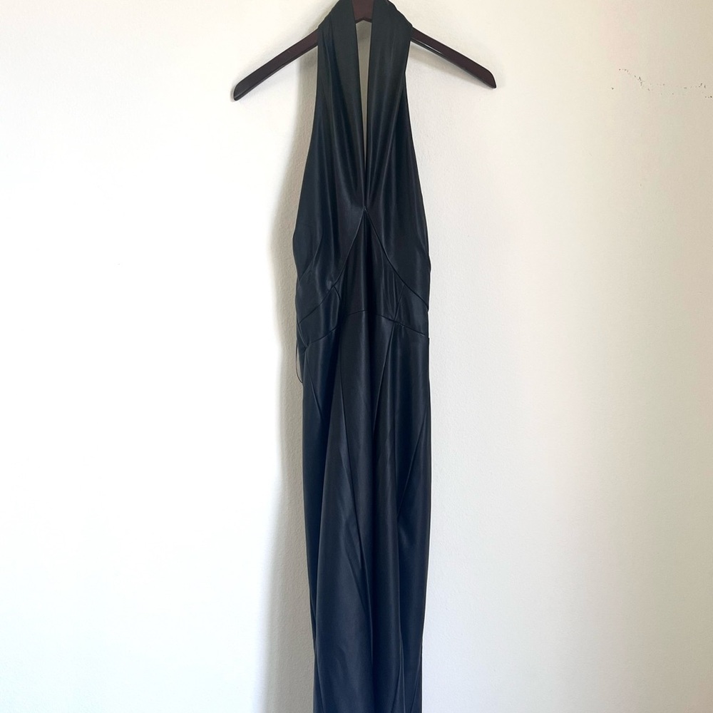 MILLY Women’s Raven Black Vegan Faux Leather Halter Neck Sz 6 Midi Dress BNWT - Picture 6 of 15